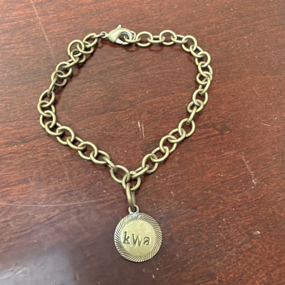 John Wind Kwa Bronze Tone Chain Bracelet Logo Charm Lobster Clasp